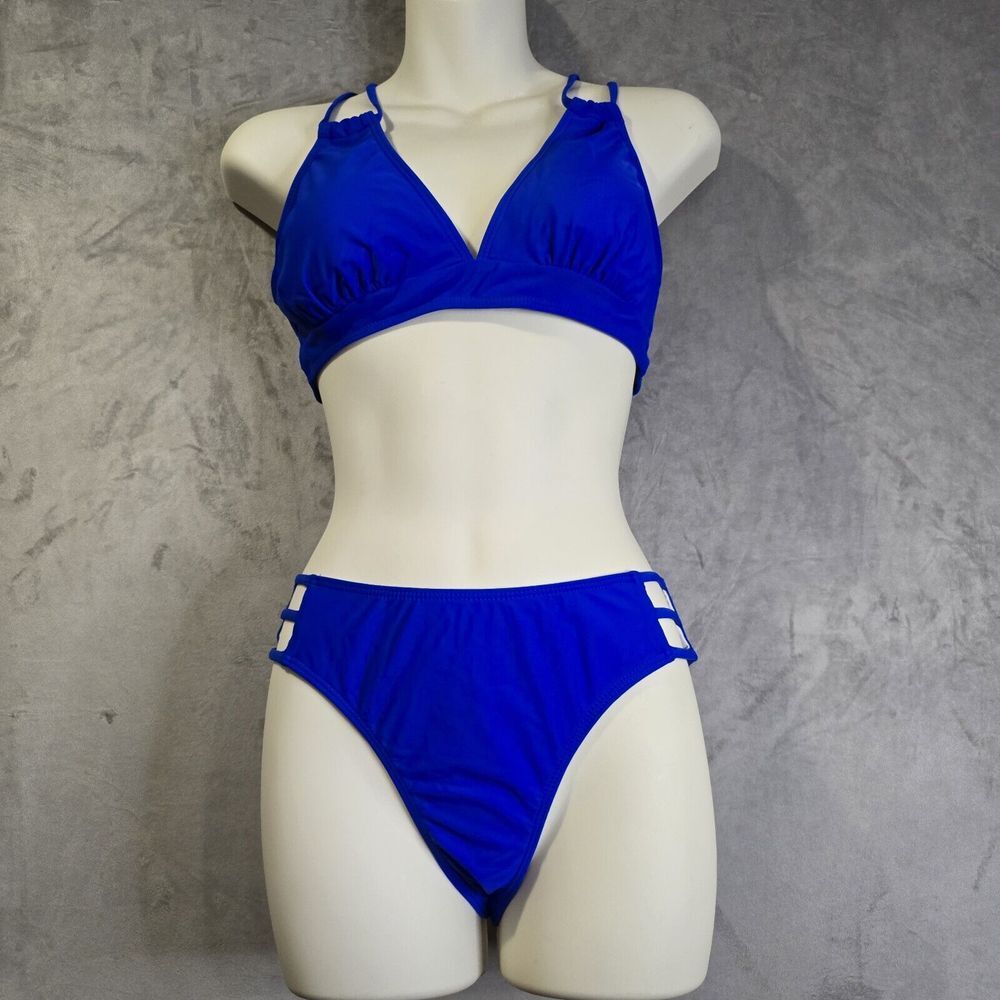 Bikini Swimsuit Set Size Small Criss Cross Back Strappy High‎ Waist Push Up Blue